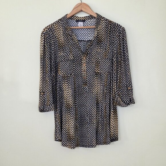 Cocomo Tunic Top Womens M Yellow Black White Henley 3/4 Roll Tab Sleeves Pintuck - Picture 14 of 14